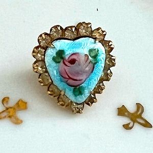 Vintage Guilloche Enameled Turquoise Heart Pin with Pink Rose